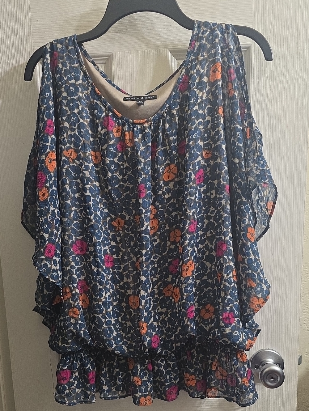 Sara Michelle Navy Floral Cold-Shoulder Blouse with Pink and Orange Accents